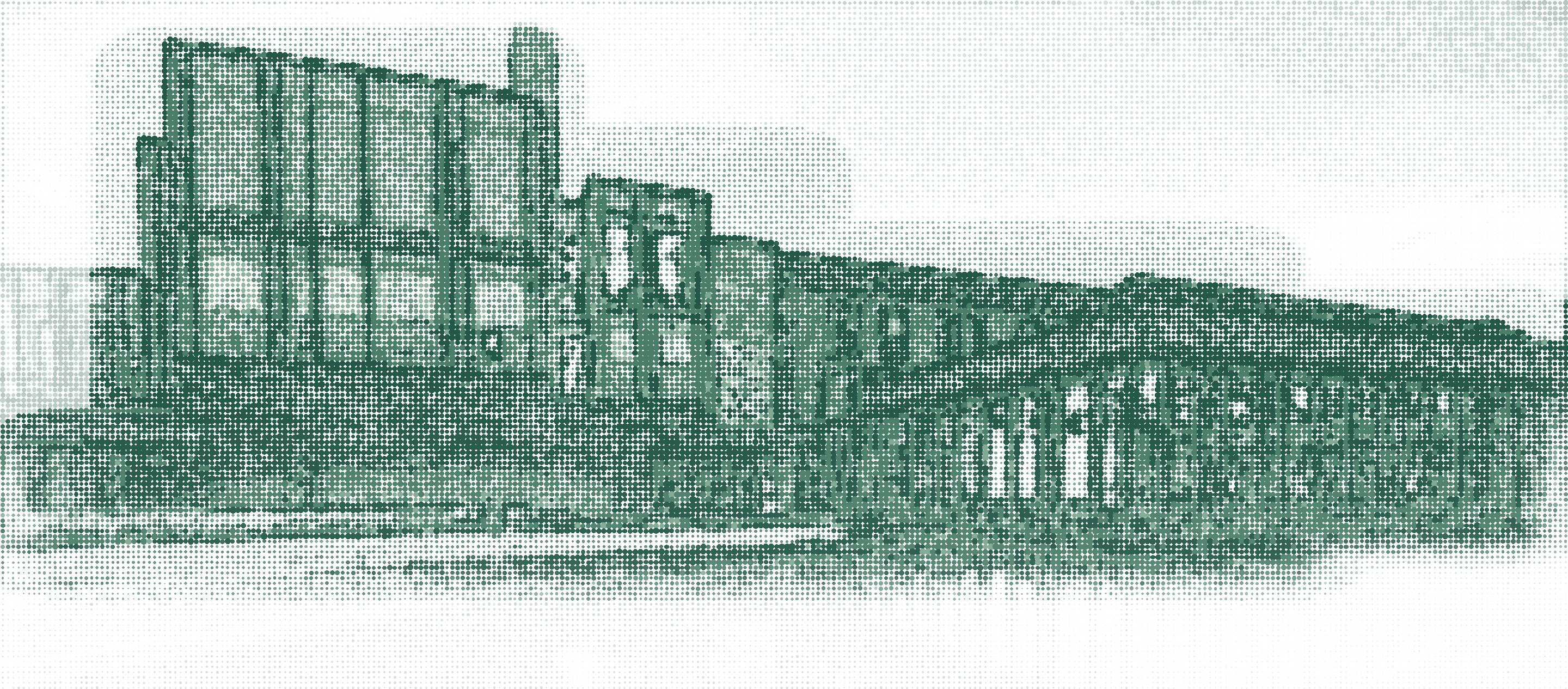 A halftone image of the Ivey Business School building and reflection pool
